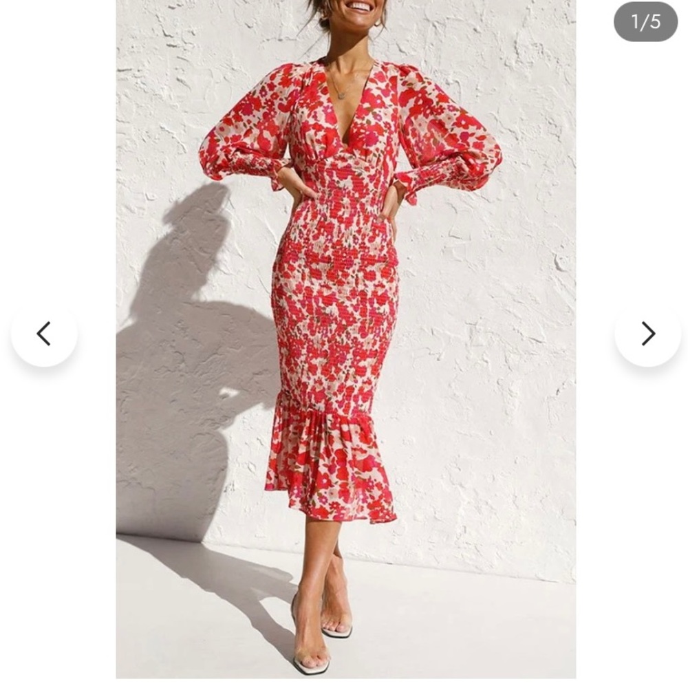 Ivadress Smocked Midi Bishop Sleeve Dress